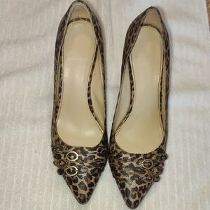Leopard Print Pointed Toe Pumps with Decorative Buckles - Brown/Black